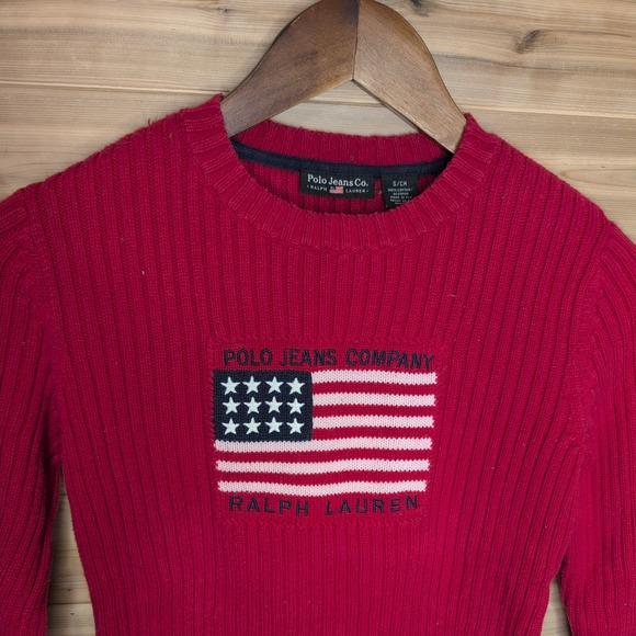Vintage Polo Ralph Lauren Red American Flag Rib Knit Sweater Womens Small - Picture 3 of 10